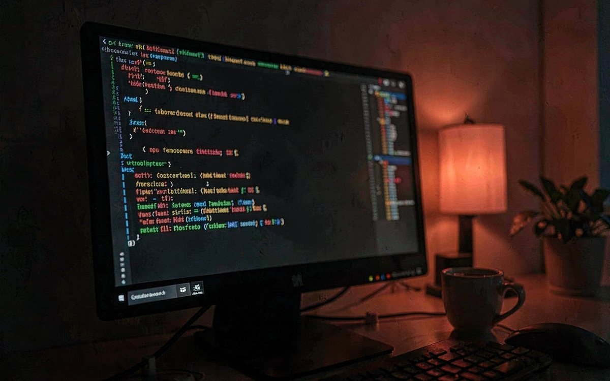 Terminal-Fenster auf einem dunklen Schreibtisch