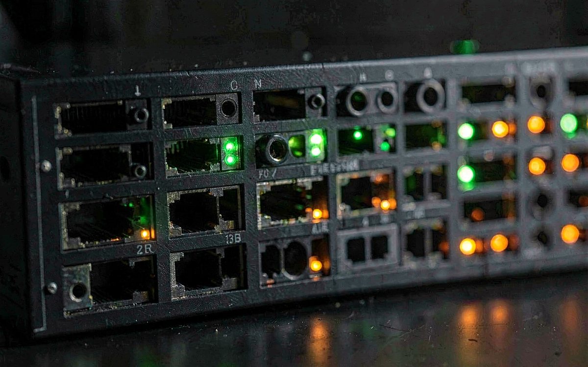 Nahaufnahme der blinkenden Port-Leuchten eines Netzwerk-Switch