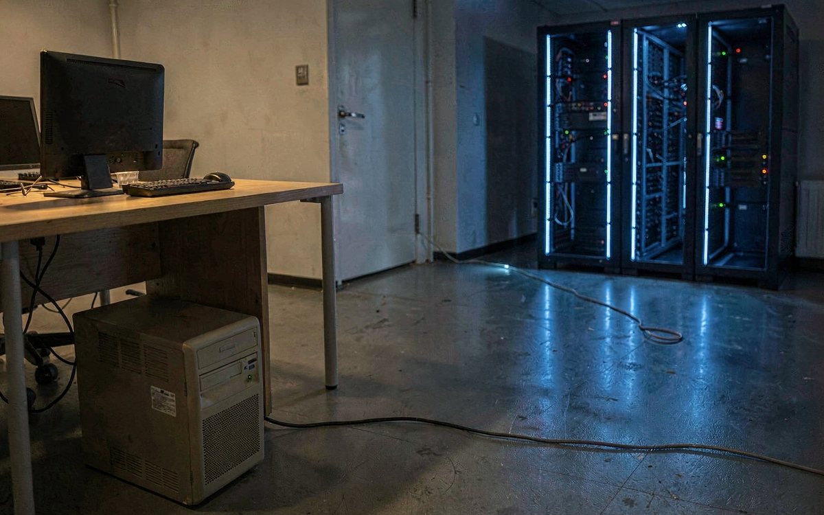 Serverschrank in einem Rechenzentrum mit blinkenden Statusleuchten