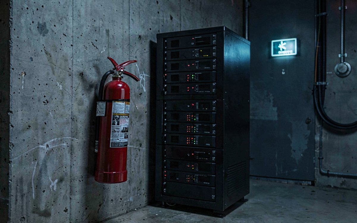 Feuerloescher an der Wand neben einem Serverschrank