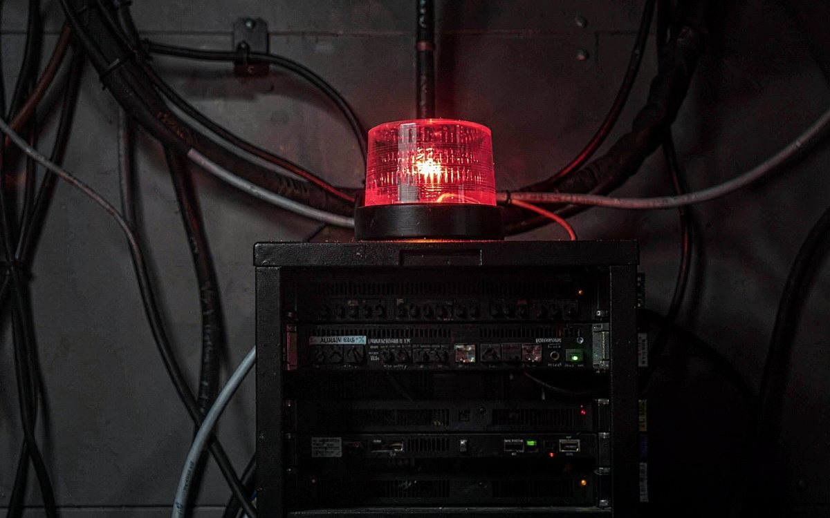 Rotes Notfall-Licht über einem Serverschrank in einem dunklen Technikraum