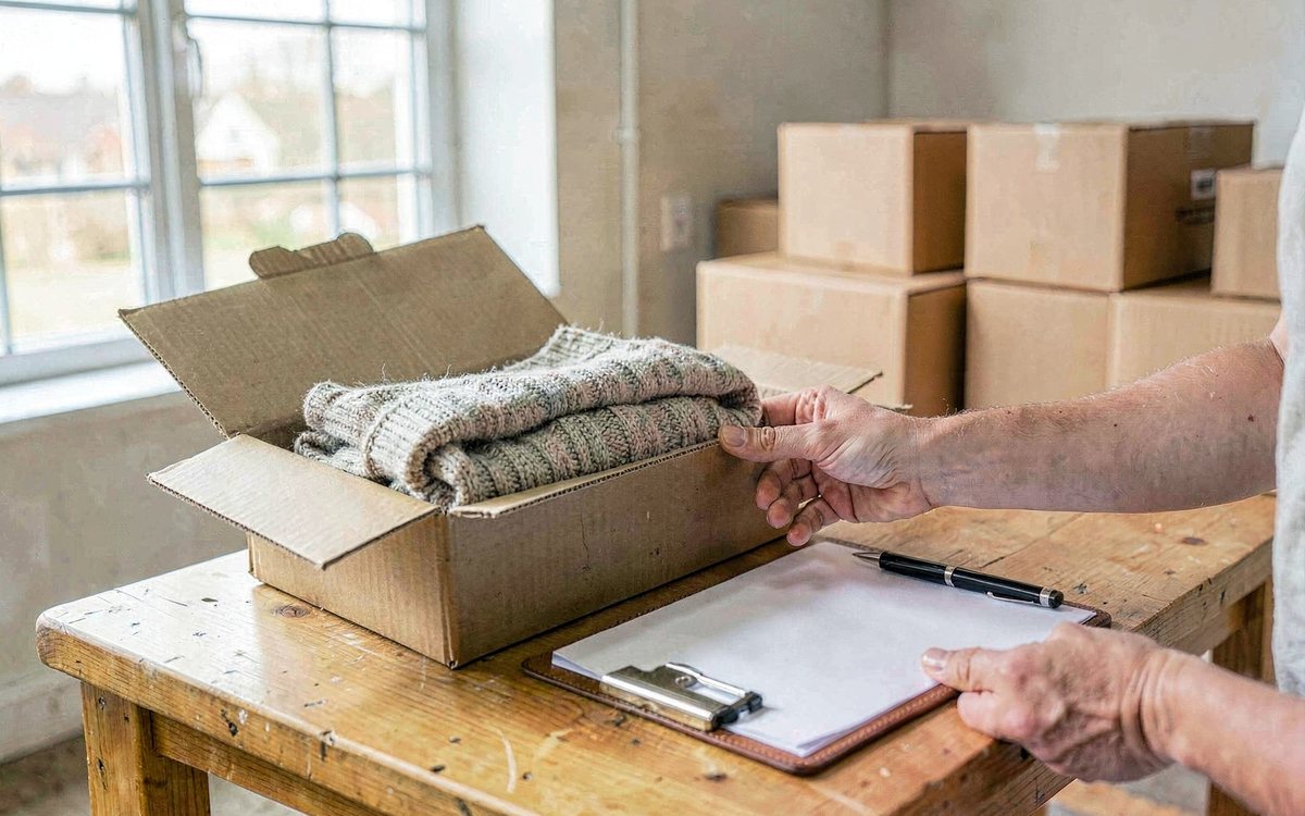 An einem hellen Packtisch im Lager prüfen zwei Hände einen grauen Strickpullover in einem geöffneten Versandkarton, daneben ein Klemmbrett, im Hintergrund gestapelte Kartons