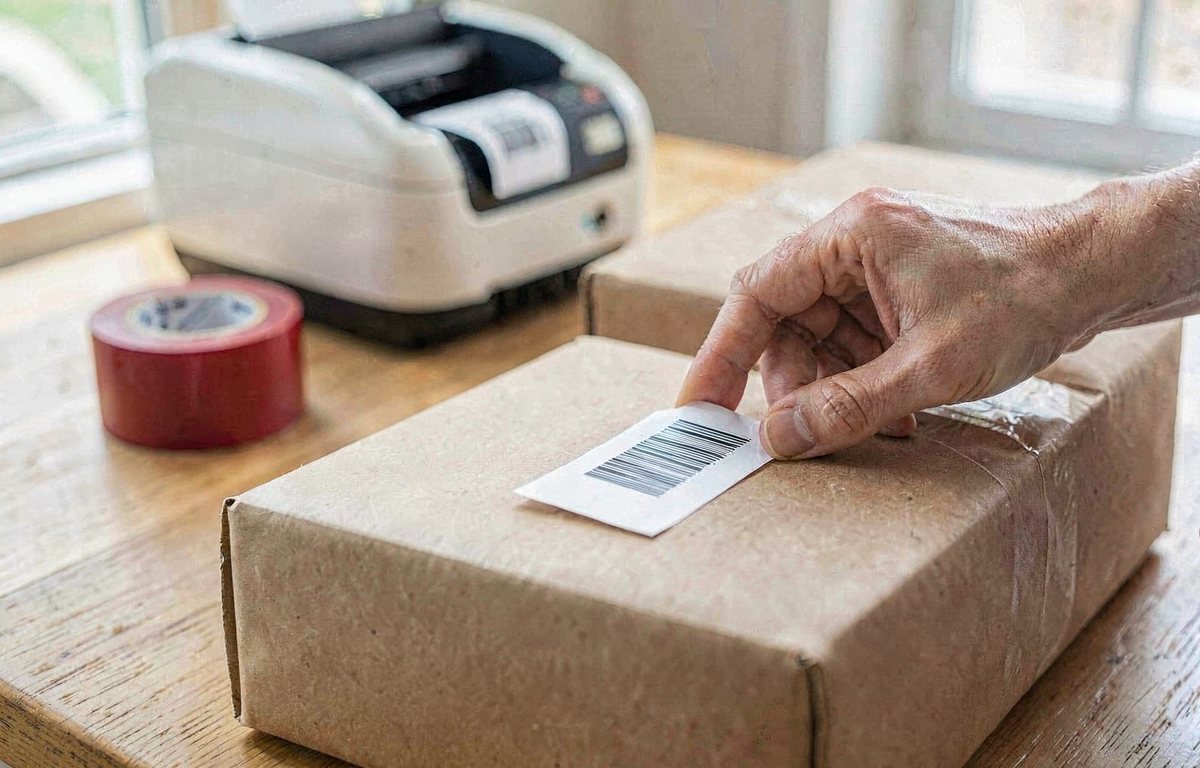 Hand klebt ein Versandetikett mit Barcode auf einen Karton, im Hintergrund ein Etikettendrucker und eine Rolle rotes Klebeband