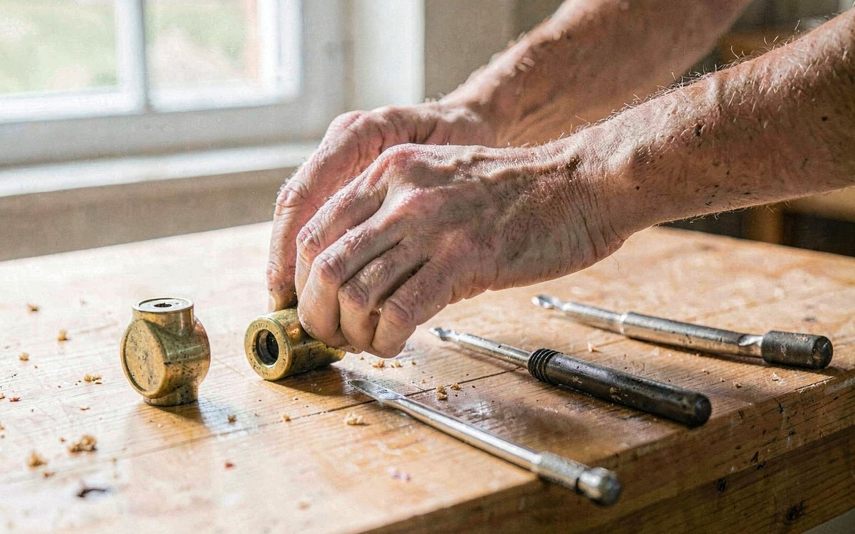 Zwei Hände setzen auf einer hellen Holzwerkbank am Fenster einen Messing-Schließzylinder ein, daneben liegen ein alter Zylinder und mehrere Schraubendreher