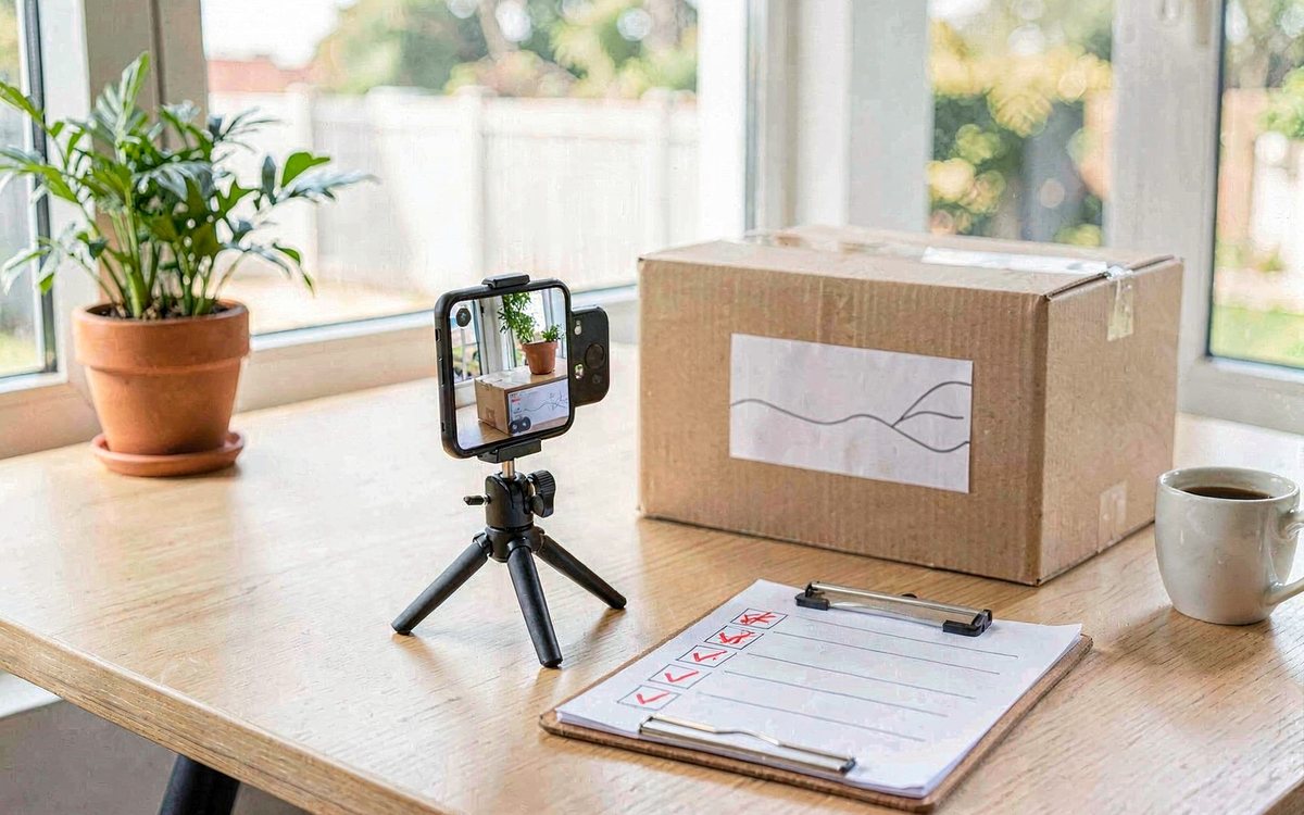 Heller Schreibtisch am Fenster mit einem Smartphone auf einem kleinen Stativ, einem Versandkarton mit Etikett und einem Klemmbrett mit abgehakter Checkliste