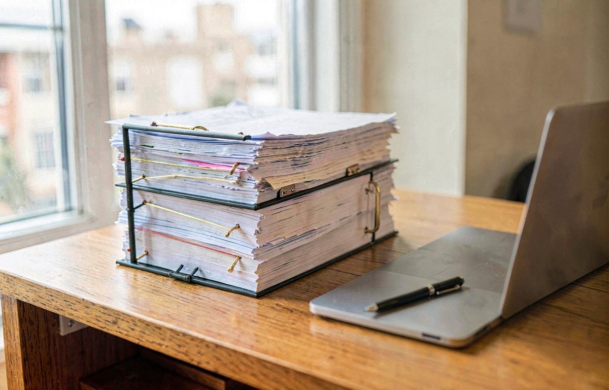 Überfüllter Papierstapel in einer Ringmechanik auf einem hellen Schreibtisch am Fenster, daneben ein Laptop mit Stift