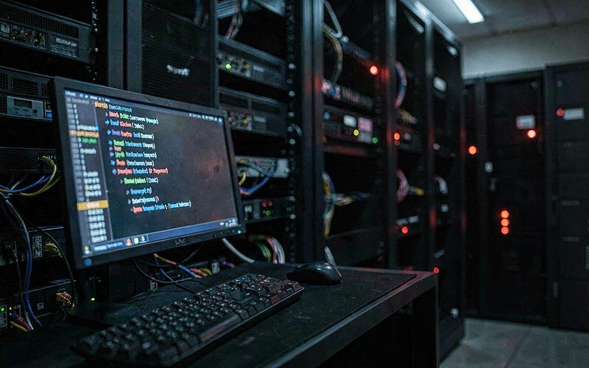 Serverraum bei Nacht, im Vordergrund ein Bildschirm mit der Windows-Dienstverwaltung