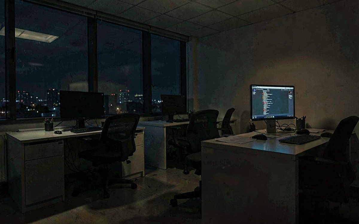 Leeres Buero bei Nacht, ein Monitor leuchtet noch