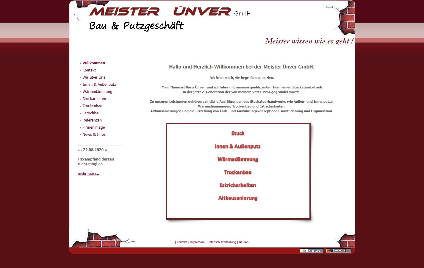 Alte Website meister-uenver.de: rote Ziegeloptik, Menü links, zentrierter Willkommenstext