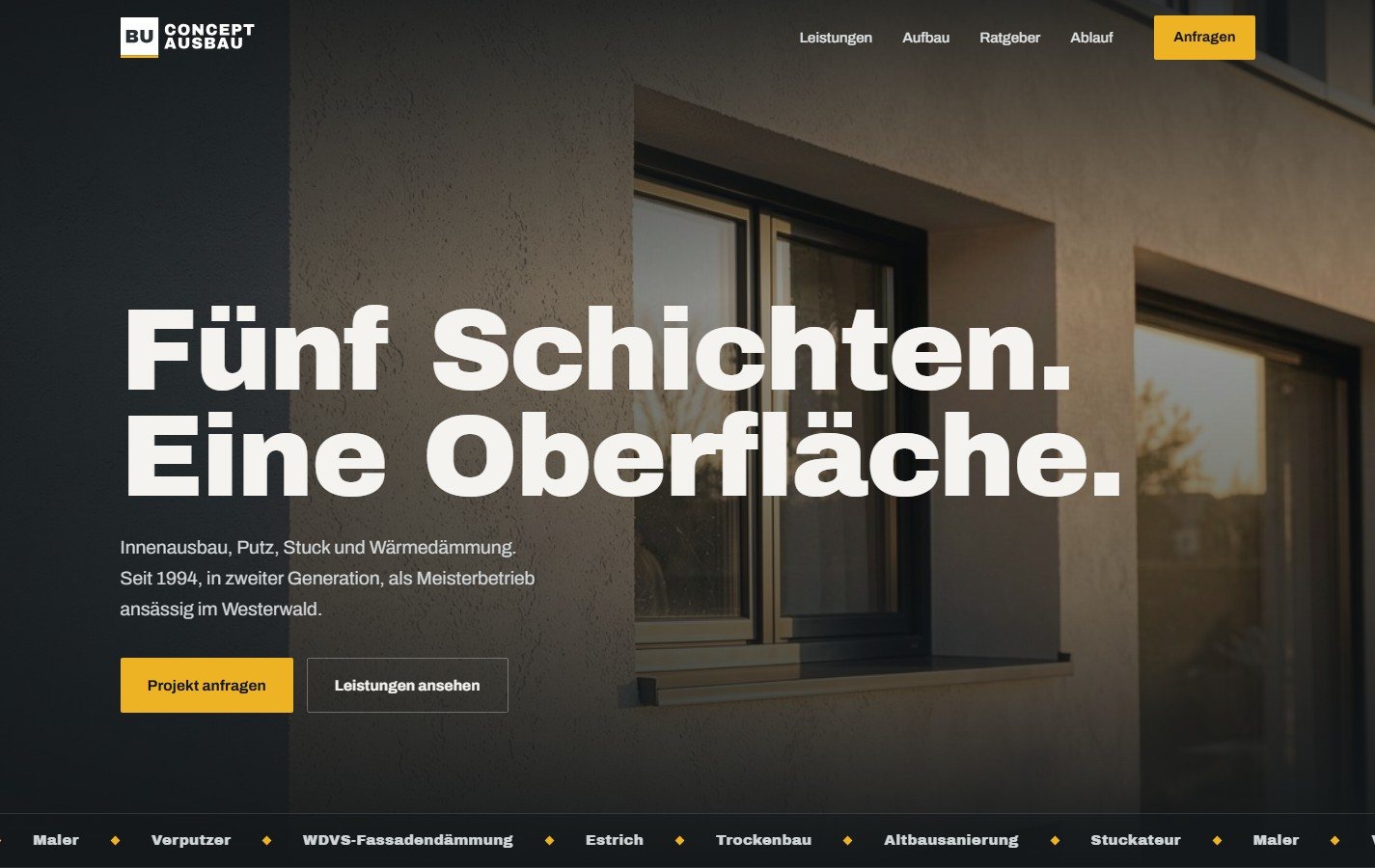 Neue Website buconcept-ausbau.de: dunkle, bildgeführte Startseite mit großer Schlagzeile
