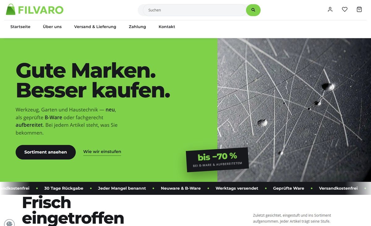 Startseite von Filvaro mit dem Leitsatz „Gute Marken. Besser kaufen.“