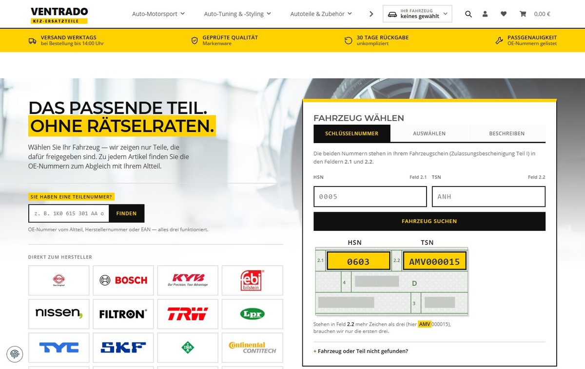 Startseite von ventrado.de mit Fahrzeugauswahl über Schlüsselnummer