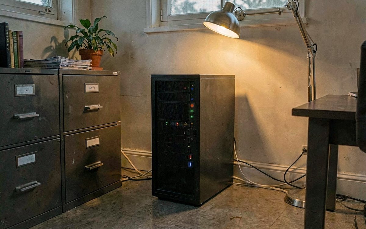 Kleiner Serverschrank in einem Bueroraum neben Aktenschraenken