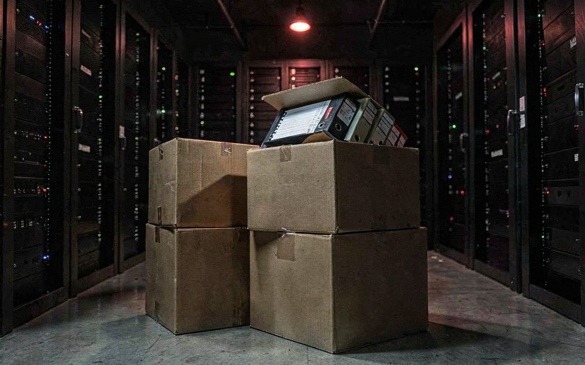 Umzugskartons mit Aktenordnern in einem Serverraum